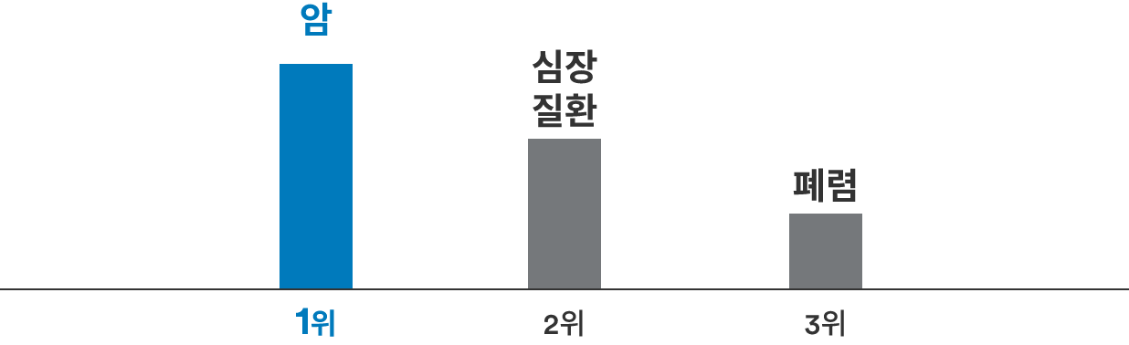 통계청에서 발표하는 사망원인 통계에 따르면 3위 폐렴, 2위 심장질환으로 나타났으며 사망원인 부동의 1위는 암으로 나타났습니다.