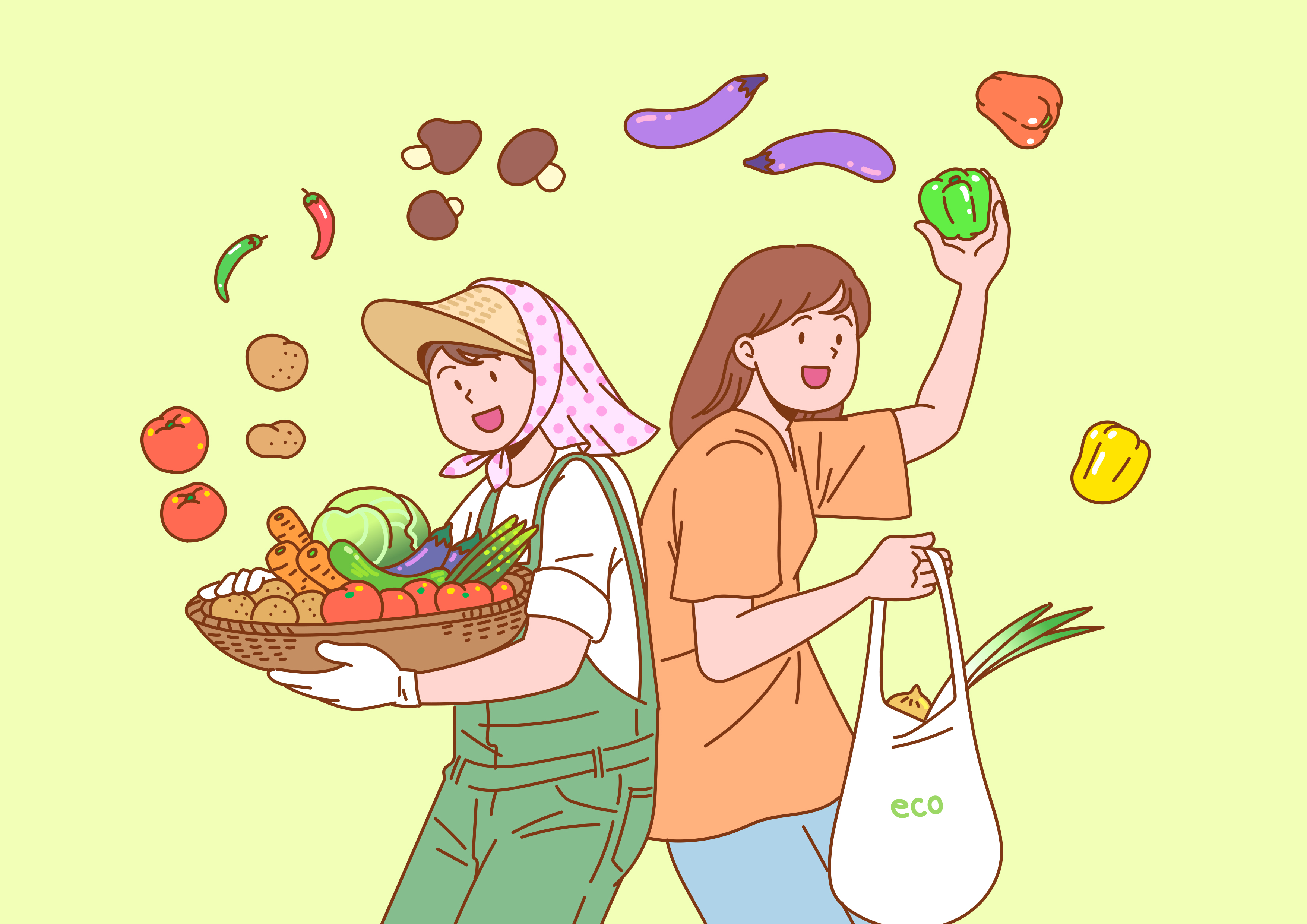 여러가지 채소를 들고있는 여자 카툰